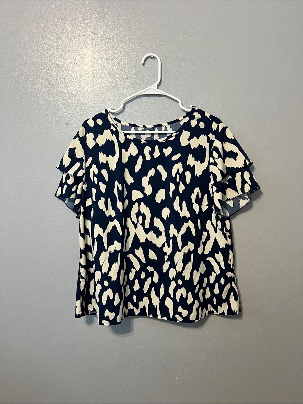 SHEIN Navy and White Animal-Print Ruffle Sleeve Blouse
